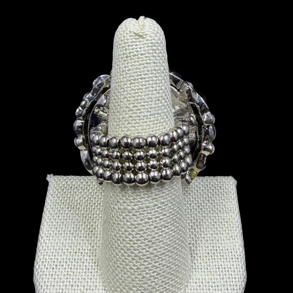 Chunky Black Rhinestone Stretch Ring Silver Tone Cocktail Statement Glam Size 10